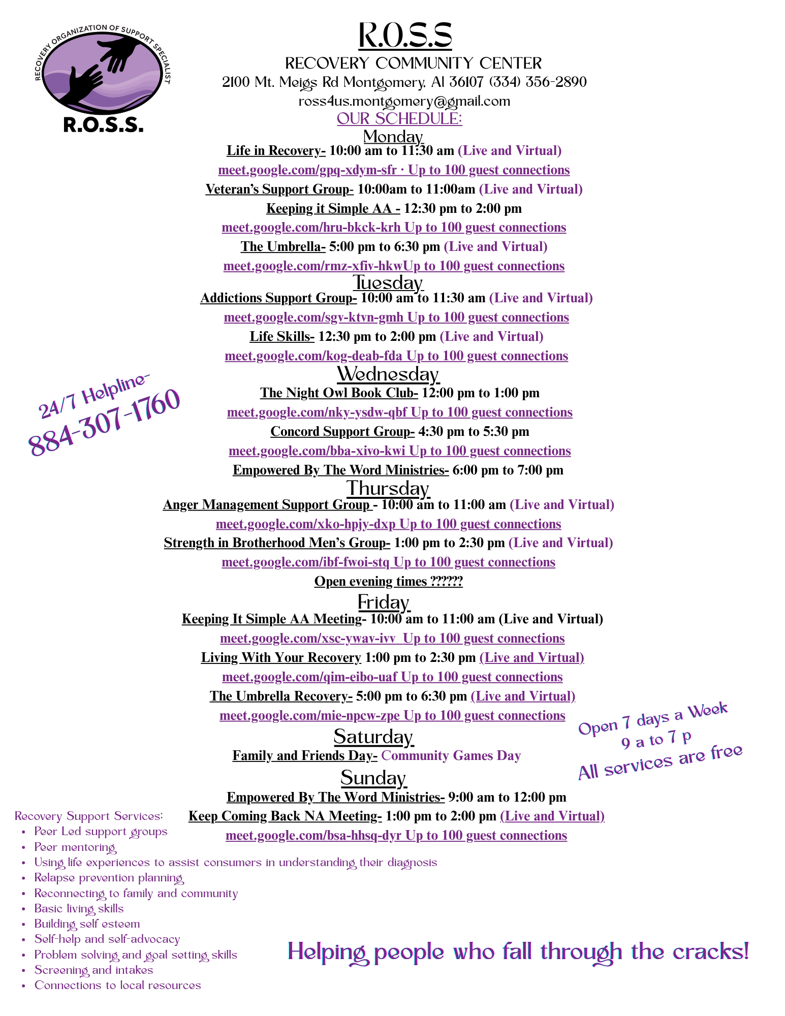 Montgomery RCC Weekly Schedule